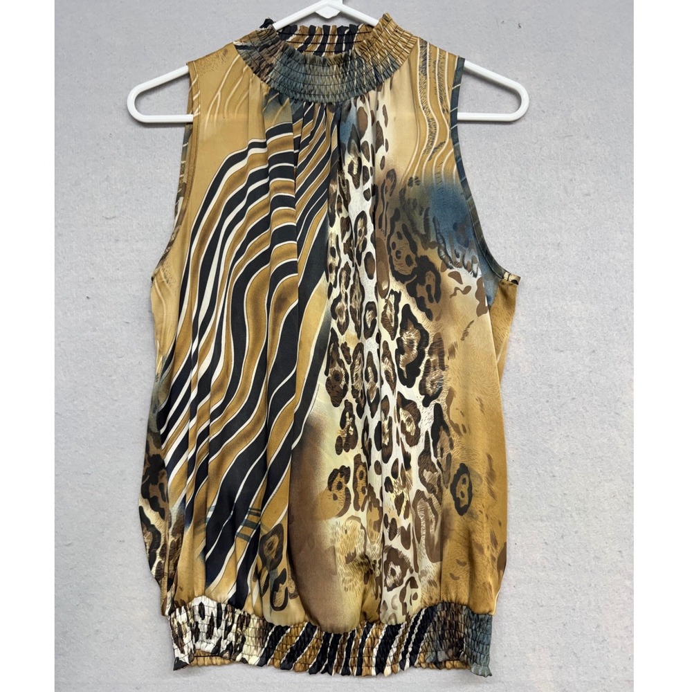 Carrie Allen Mixed Animal Print Smocked Mock Neck Blouse Tan Brown Black Medium